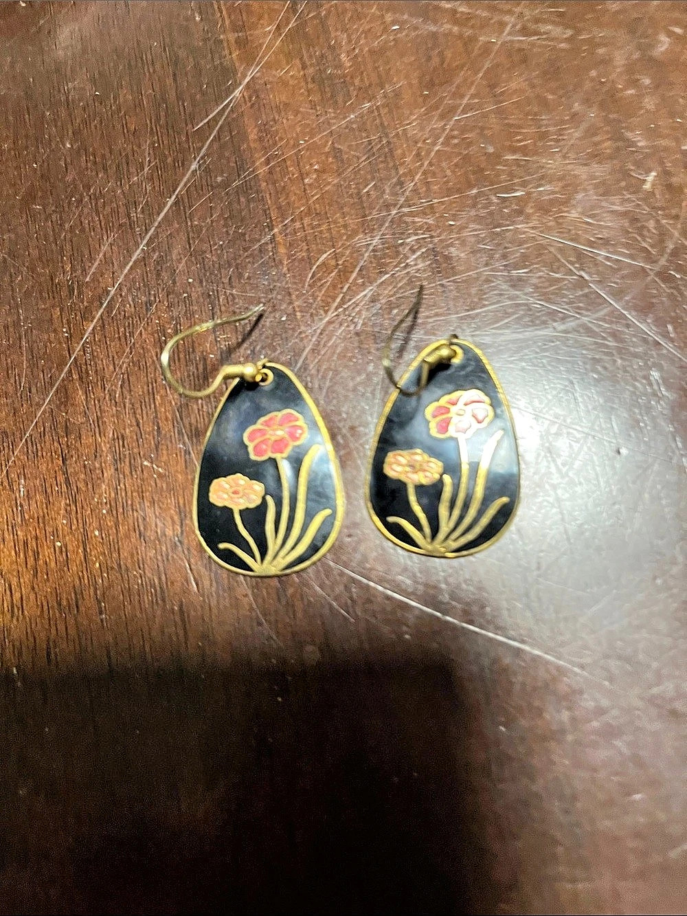 Floral Dangle Earrings in Black & Gold Vintage